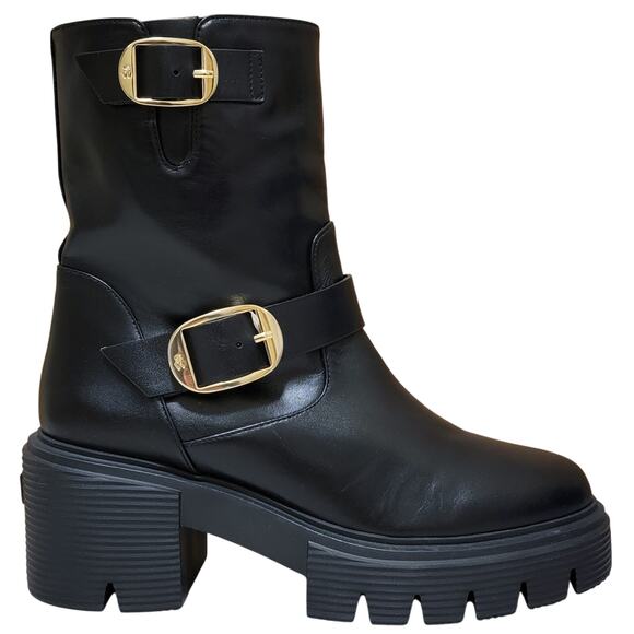 Stuart Weitzman Women Soho Moto Block Heel Booties Size US 7B Black Leather - Picture 3 of 6